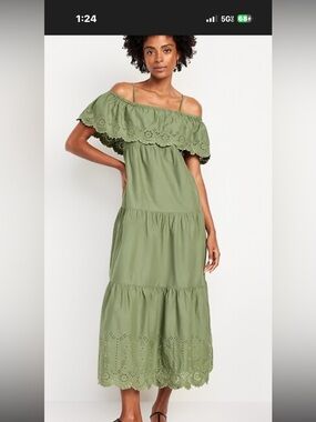 NWOT $55 Old Navy Olive Green Off-Shoulder Tiered Maxi Dress with Eyelet Detail